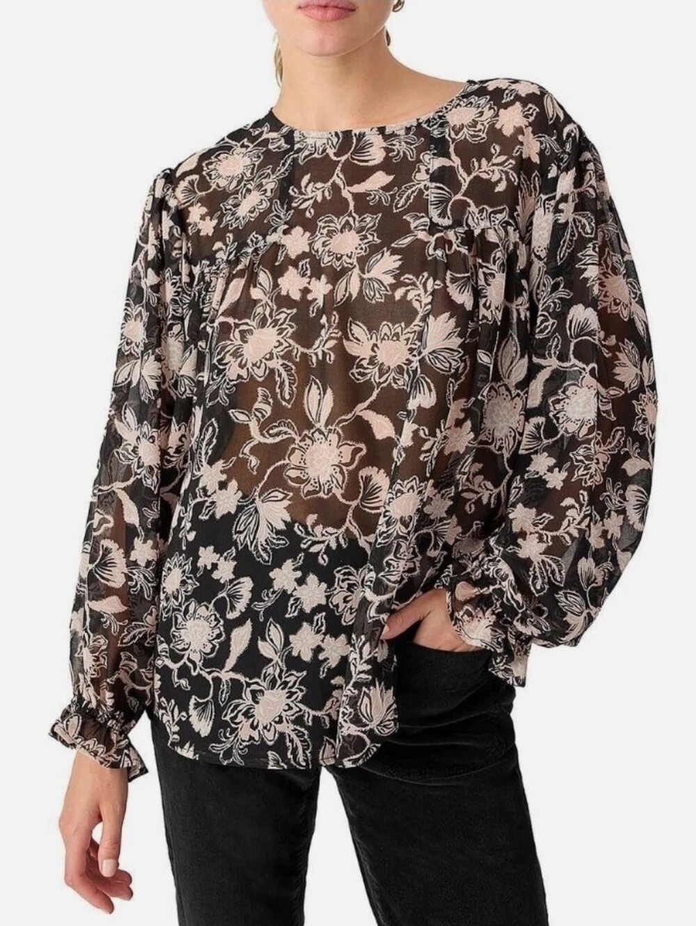 NWT Sanctuary Black Sheer Blouse with Blush Floral Print